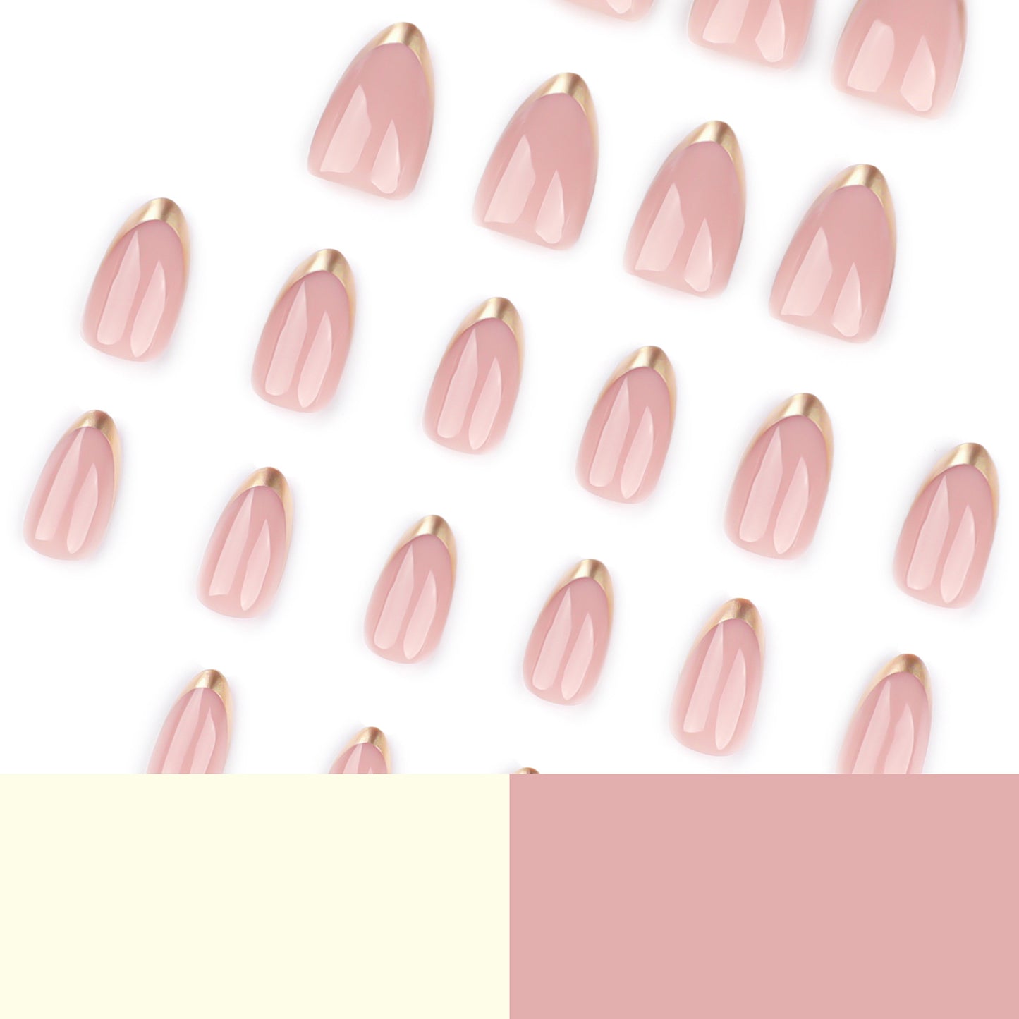 Nude Pink French Tip Press On Nails with Gold Foil Edge Almond Shape Glossy Minimal Luxury Reusable Full Cover False Nails Kit Elegant Clean Girl Aesthetic Nails 91
