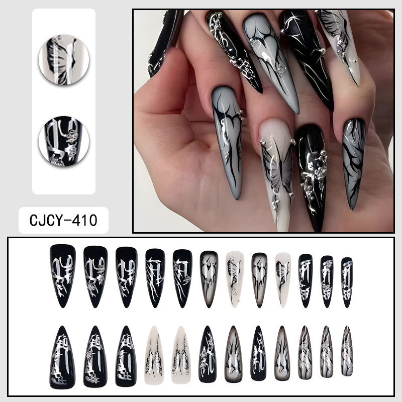 Gothic Press On Nails Black White Ombre Stiletto Butterfly Rhinestone Long Reusable 19