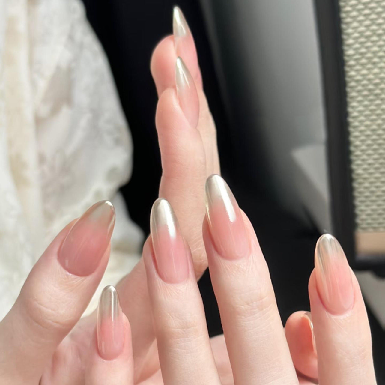Bare Pink Cat Eye Press On Nails – Medium Almond Magnetic Glossy Reusable Acrylic Nails 153