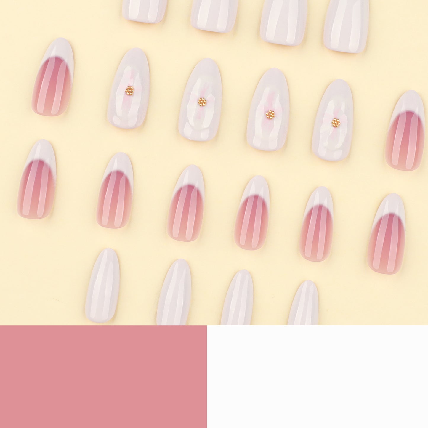 Blush Pink Ombre Press On Nails Nude White Gradient Almond Shape Glossy Minimal Design with Gold Beads Reusable Full Cover False Nails Kit Elegant Everyday Nails 99