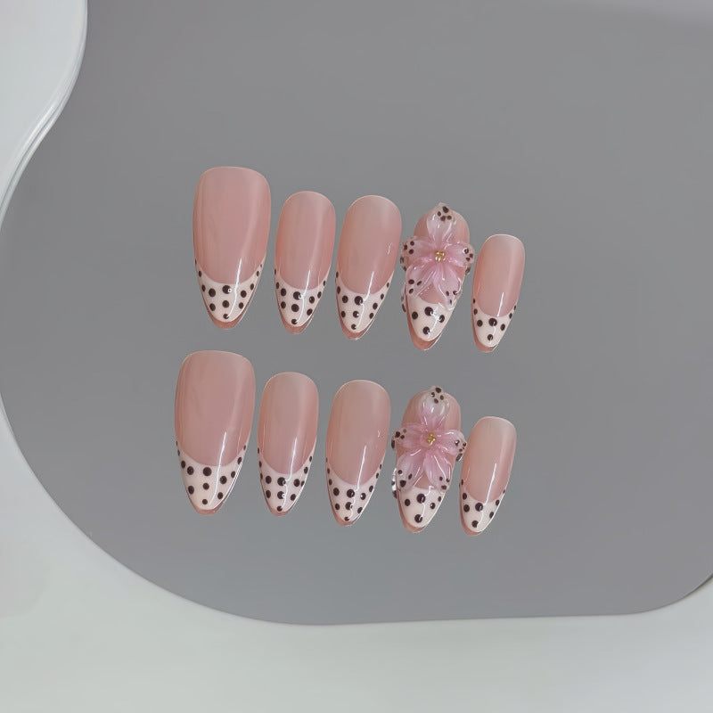 Nude Pink French Tip Press On Nails Almond – Black Polka Dot 3D Flower Glossy False Nails Reusable Full Cover Nail Set 172