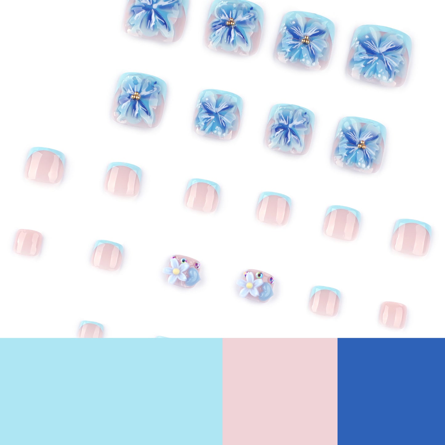 Press On Toenails Blue Flower French Tip Toe Nails Nude Pink Short Square Glossy Fake Toenails Summer Beach Floral Pedicure Nails Reusable Full Cover Stick On Nails for Women Vacation 78
