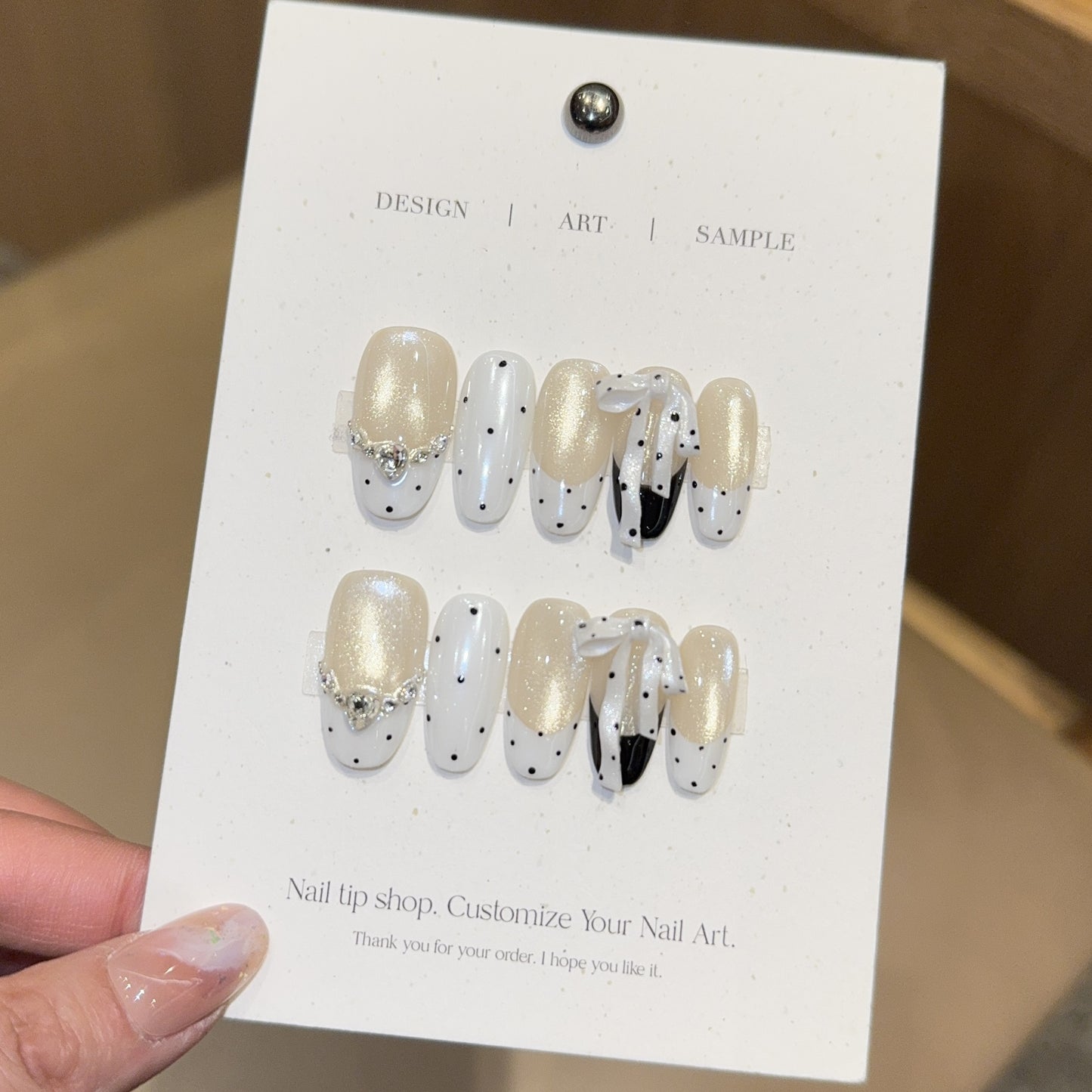 Nude Oval Press On Nails – with White Polka Dot, Bow & Heart Chain Design, Cat Eye Glossy Reusable Full Cover Set 167