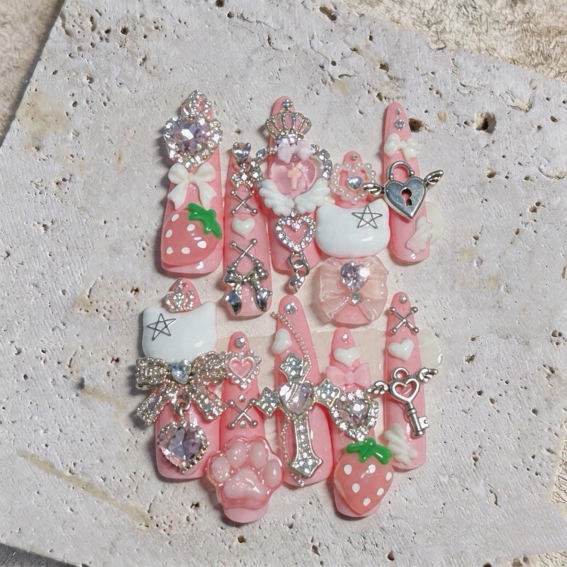 Y2K Pink Charm Press On Nails – 3D Strawberry Cat Paw Heart Lock Cross Charms Long Almond Rhinestone Handmade Reusable Nail Set 222