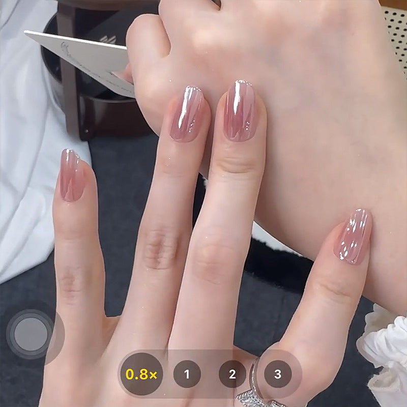 Pink Cat Eye Press-On Nails – Sheer Nude Pink Jelly Oval Nails | Minimal Magnetic Glass Effect Reusable Nail Set 286