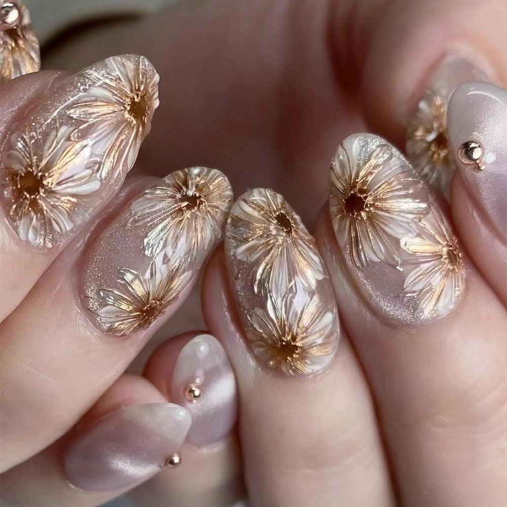 Daisy Press On Nails Nude Pink Glitter Almond Medium Short Glossy Floral Design Rose Gold Beads Full Cover Fake Nails Natural Look Reusable Acrylic Nails Kit 148