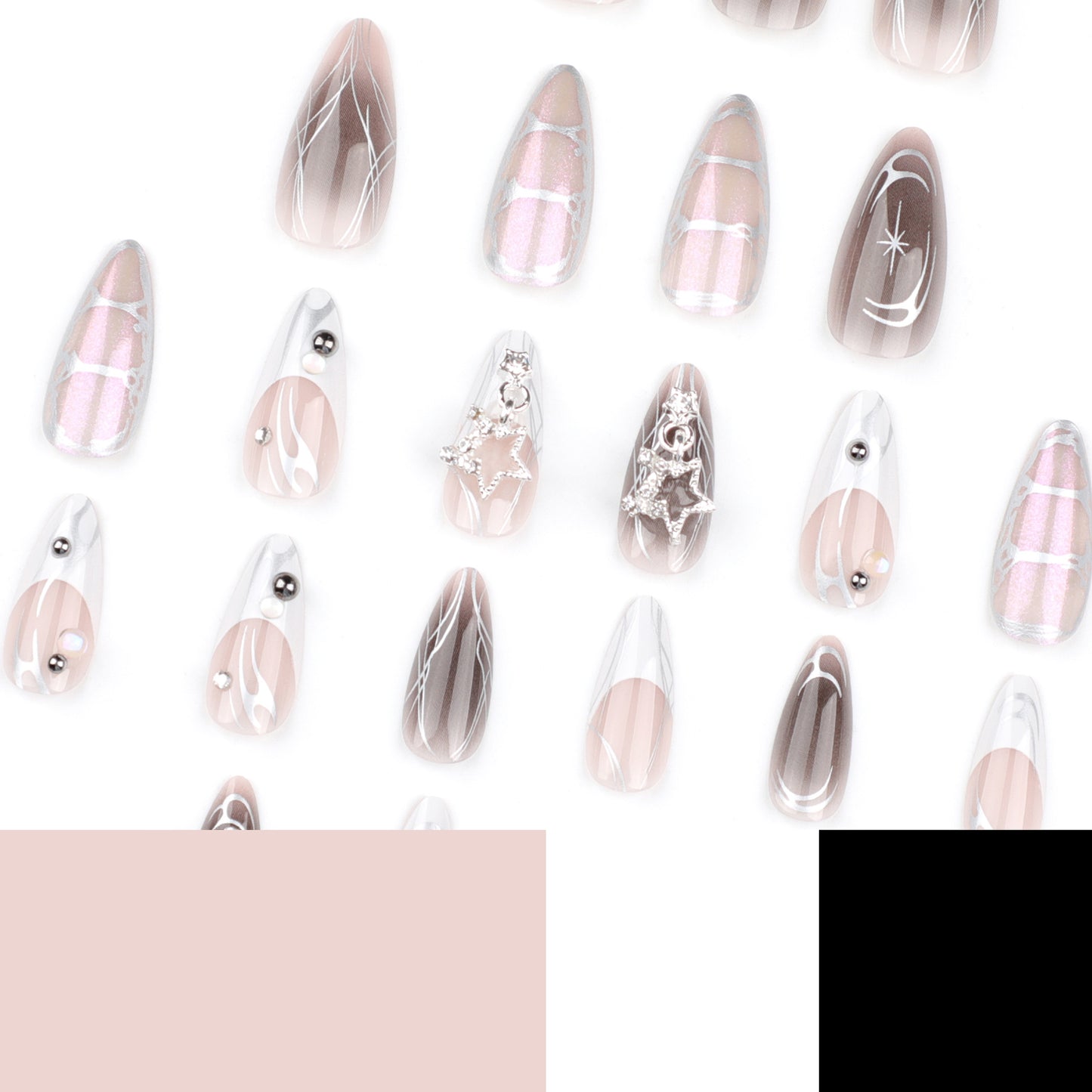 Gray Pink White Cat Eye Press On Nails Y2K Cyber Cute Cool Style with Rhinestones Studs Metallic Accents Almond Shape Reusable Glossy False Nails Full Cover Stick On Nails Kit 86