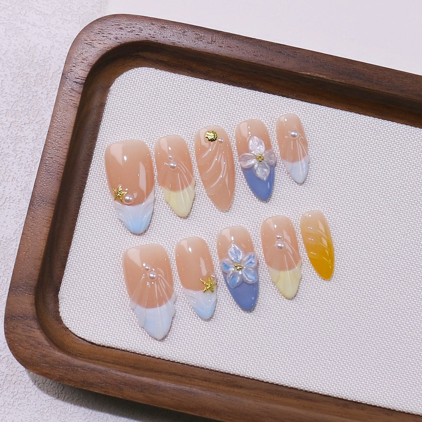 Multicolor Gradient 3D Flower Press-On Nails – Almond/Oval Handmade Pastel Nail Set with Gold Stars & Pearls 227