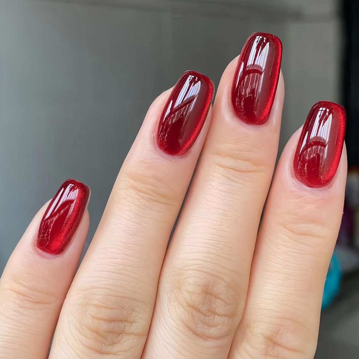 Burgundy Cat Eye Press On Nails Long Coffin Glossy Dark Red Fake Nails Glitter Acrylic Reusable Glue On Nail Set 53