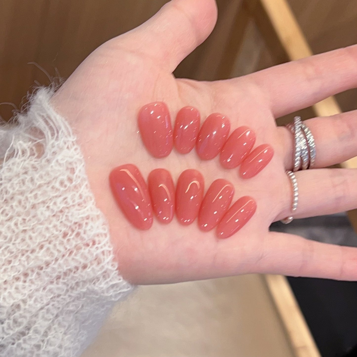 Peach Jelly Press-On Nails – Oval Jelly Nails with Fine Silver Glitter & Sheer Gloss Finish | Minimal Feminine Reusable Nail Set 290