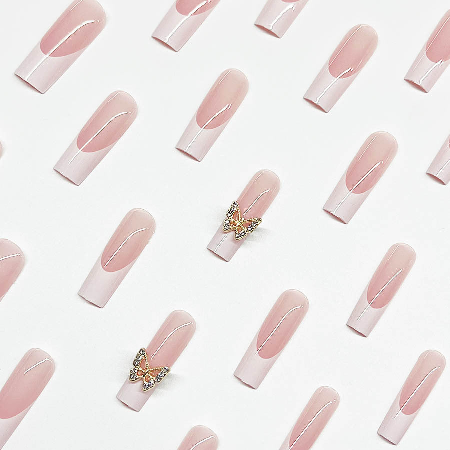 White Press-On Nails with Butterfly Design, Short Square Reusable Glue-On Nails for Women Girls 01