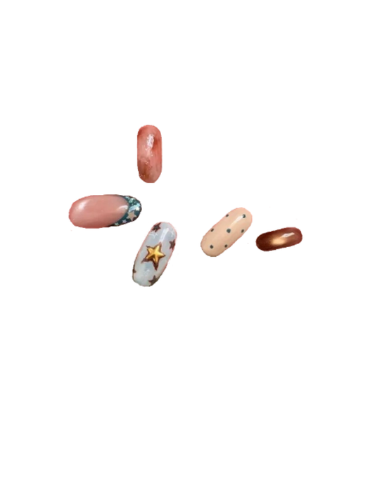 Retro Y2K Starry Oval Press On Nails – Mixed Metallic & Matte Colors, Reusable Minimalist Art Set for Streetwear, Casual Outings & Parties 195