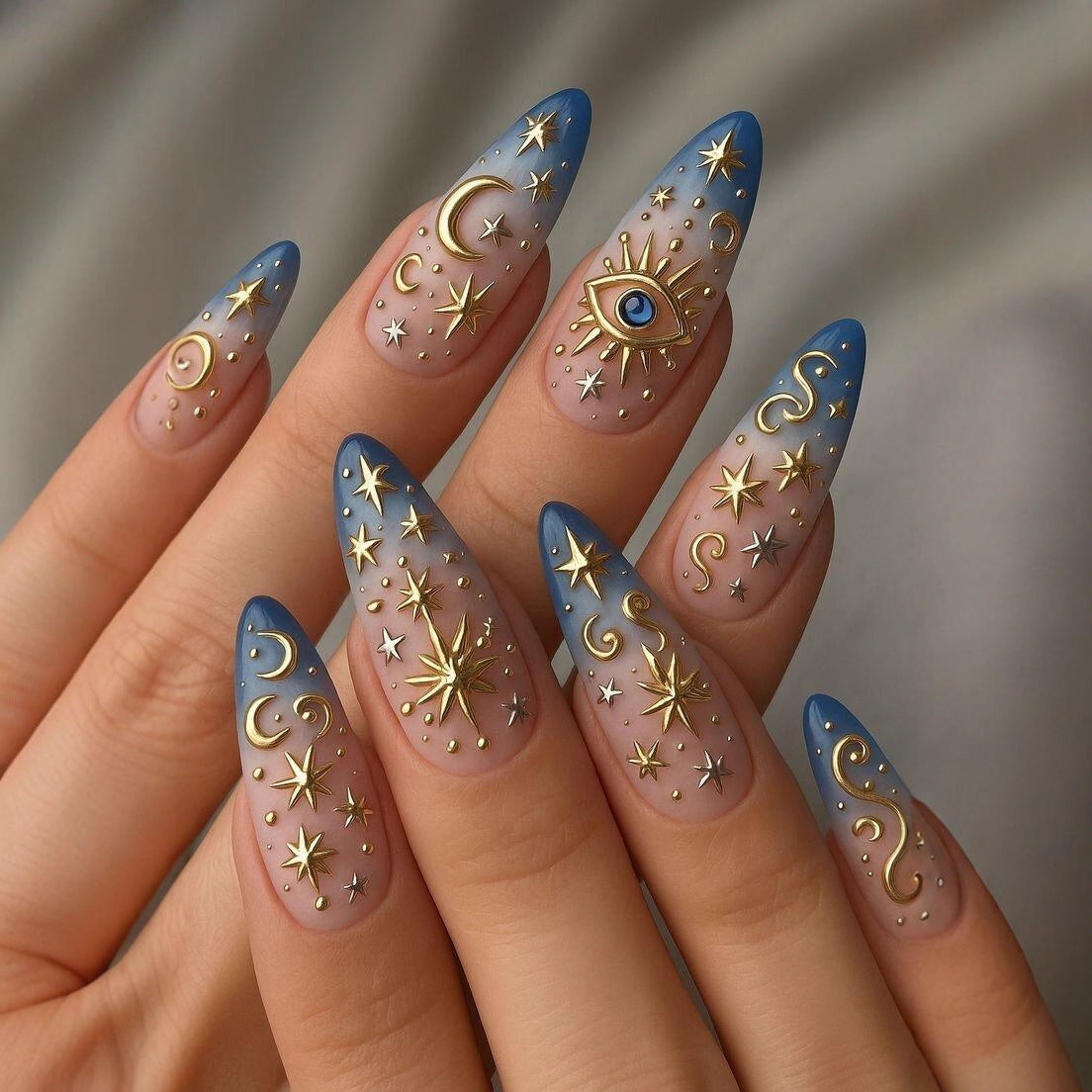 Celestial Press-On Nails Almond Shape Blue Ombre Star Moon Reusable Glue On Fake Nails Galaxy Set 33