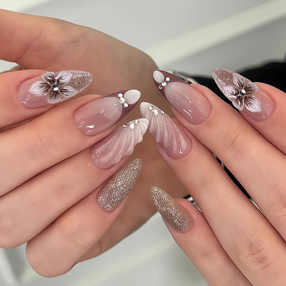 French Tip Press-On Nails Almond Shape Burgundy Nude 3D Wave Pearl Reusable Glue On Fake Nails Set 32