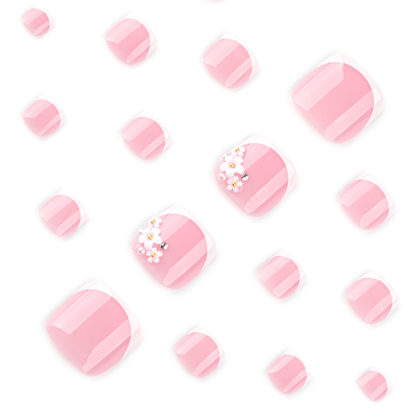 Nude Pink French Tip Press On Toenails with Floral Pearl Stud Design Glossy Short Squoval Shape Elegant Full Cover False Toe Nails Kit Reusable Pedicure 115
