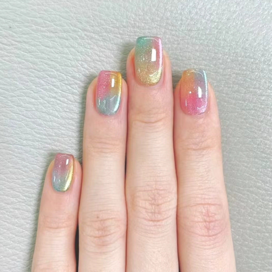 Pastel Cat Eye Press On Nails Short Square Aurora Gradient Blue Pink Yellow Glossy Glue On Nails Reusable Cute Set 48
