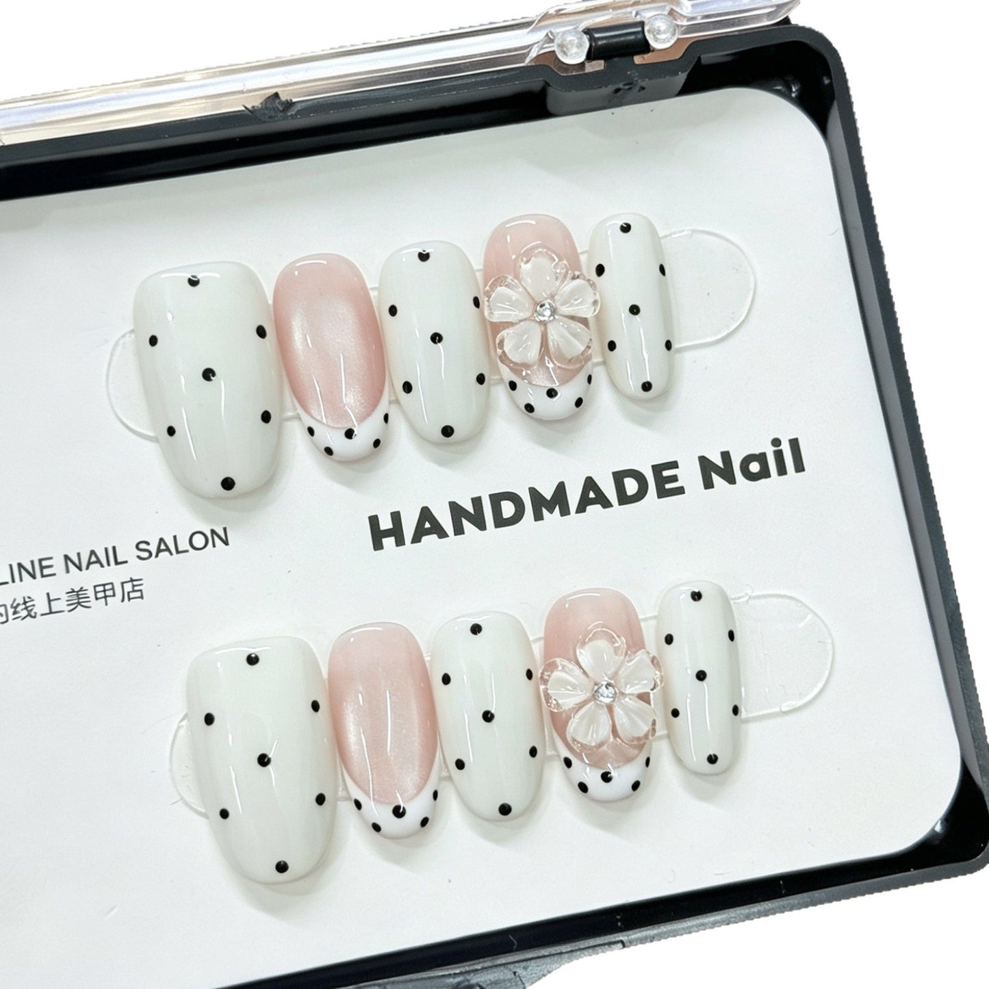 Milky White Press-On Nails – Squoval Nails with Nude Pink French Cat Eye & Black Polka Dot Floral Detail | Vintage Feminine Reusable Nail Set 284