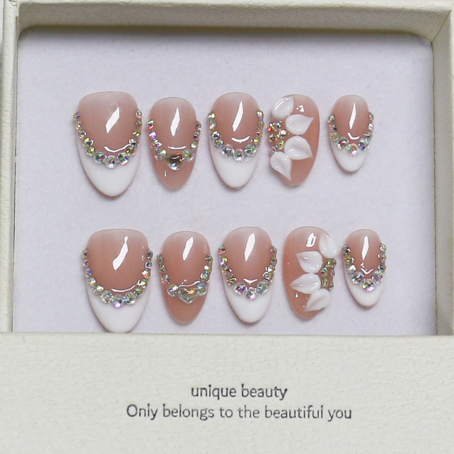 Rhinestone French Press-On Nails – Nude Pink & White Ombre Almond Bridal Nails with 3D Floral Accent | Elegant Reusable Wedding & Occasion Nail Set 238