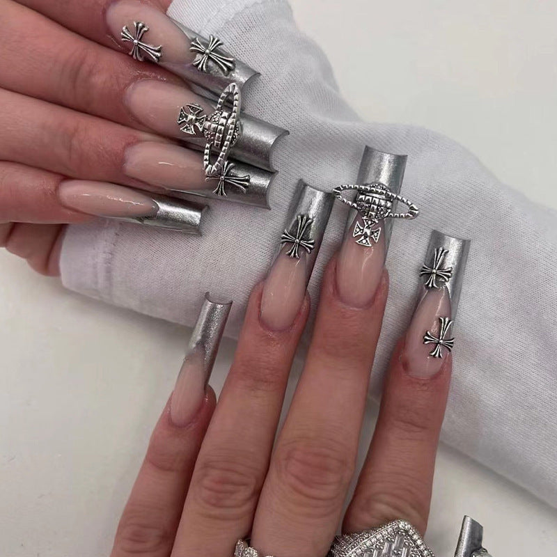 Nude Pink Press On Nails Long Square – Silver French Tip False Nails Cross Metal Reusable Full Cover Set 182
