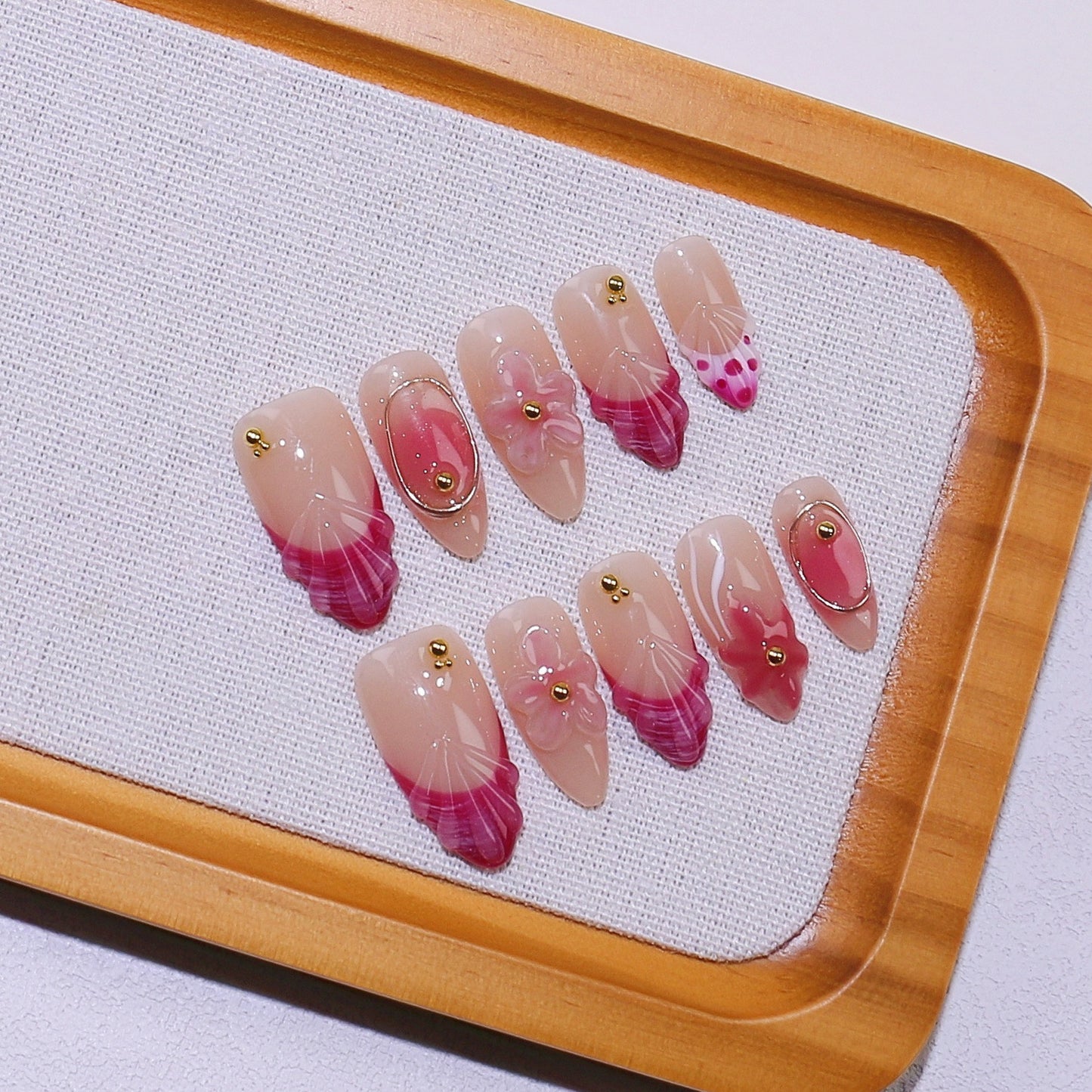 Pink Gradient 3D Petal Press-On Nails – Short Almond Handmade Romantic Nail Set with Gold Rings & Studs 226