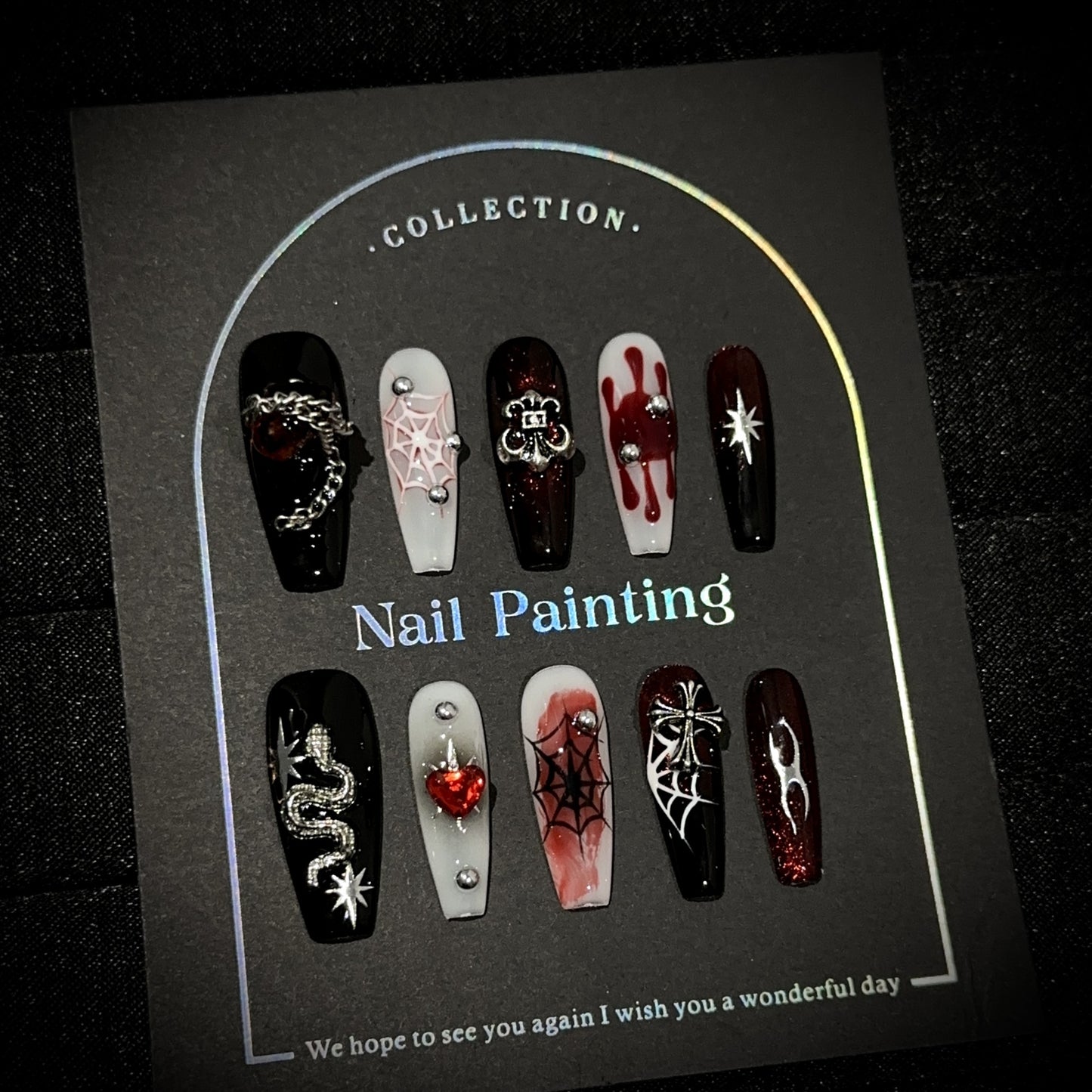 Gothic Snake & Spider Web Press On Nails Coffin Shape – Black Red Silver Blood Drip 3D Chain Charms Reusable Halloween Nail Set 206