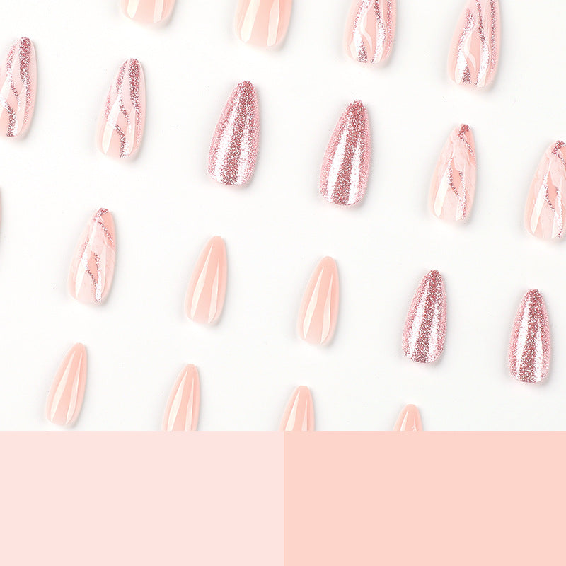 Press On Nails Nude Pink Glitter Wave Glossy Fake Nails Elegant Minimal Shiny Nails Luxury Natural Look Reusable Full Cover Stick On Nails for Women Daily Office Wedding 84