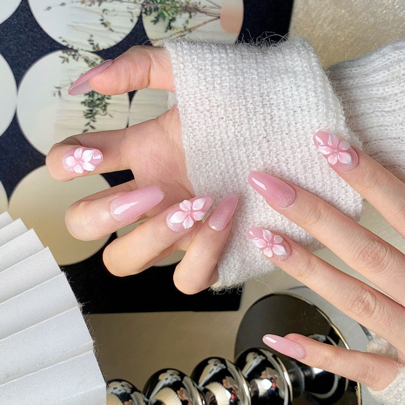 Pink Cat Eye Press-On Nails – Cherry Blossom Floral Oval Nails | 3D Flower Detail Reusable Nail Set 266