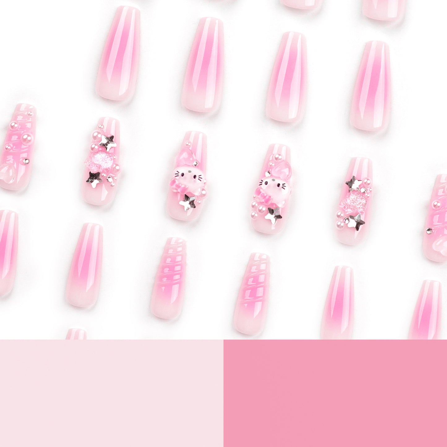 Press On Nails Pink Ombre Hello Kitty 3D Bow Pearl Rhinestone Cute Kawaii Nails Long Almond Glossy Fake Nails Reusable Coquette Aesthetic Nails for Women Party Birthday 81