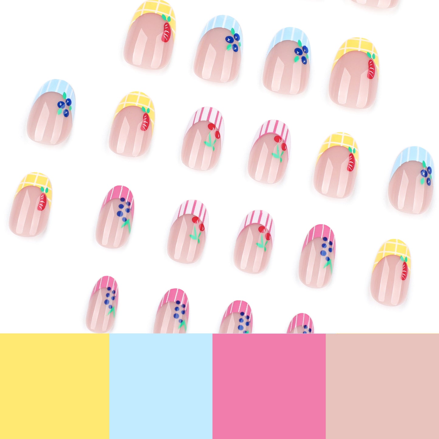 Nude Pink Lemon Press On Nails Floral French Tip Blue Flower Summer Oval Shape Glossy Cute Fake Nails Reusable Full Cover Natural Fresh Nail Kit 125