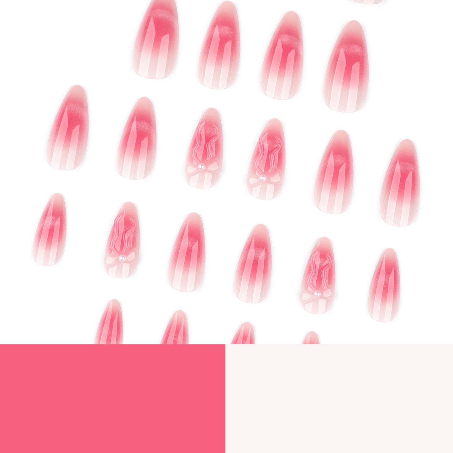 Press On Nails Pink Ombre Cat Eye Glitter Bow Pearl Balletcore Nails Long Almond Glossy Fake Nails Reusable Cute Coquette Aesthetic Nails for Women Party Wedding 75