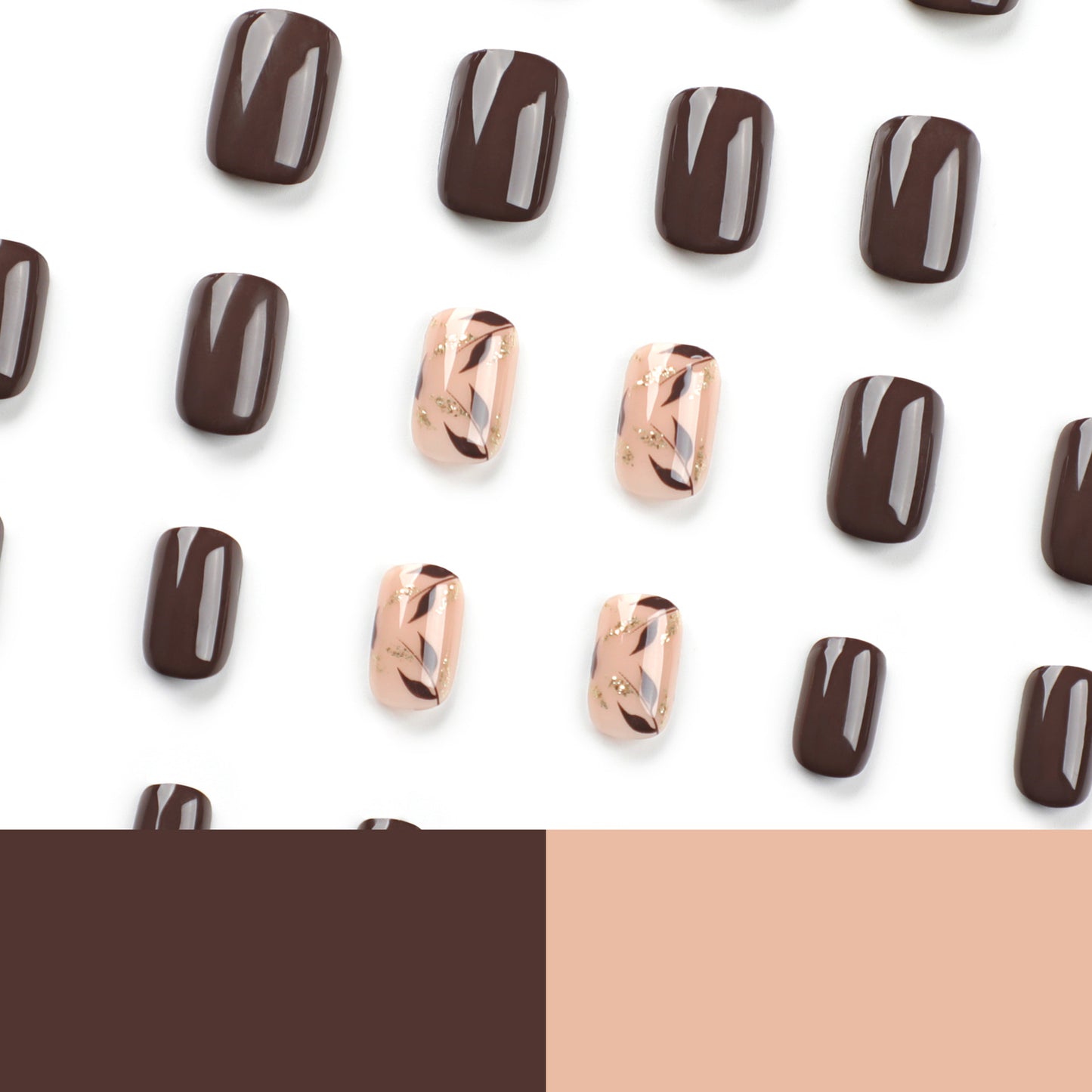 Brown Press On Nails with Leaf Design Nude Accent Glossy Short Squoval Shape Minimal Botanical Style Reusable Full Cover False Nails Kit Elegant Everyday Nails 105