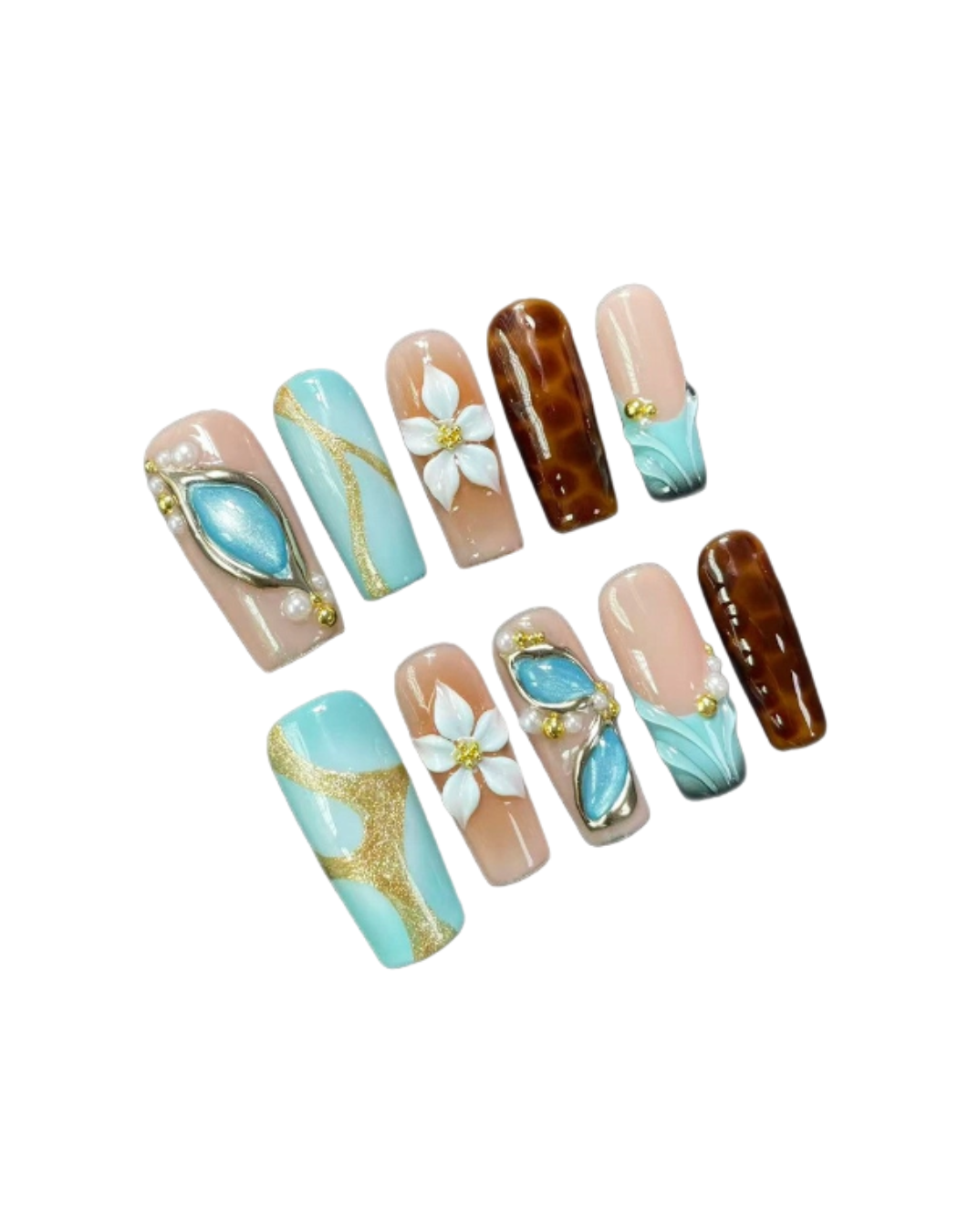 Mint Jade Press On Nails | Square Nails with 3D Flowers, Tortoiseshell & Gold Jewelry Details | Reusable Botanical Nail Set 332