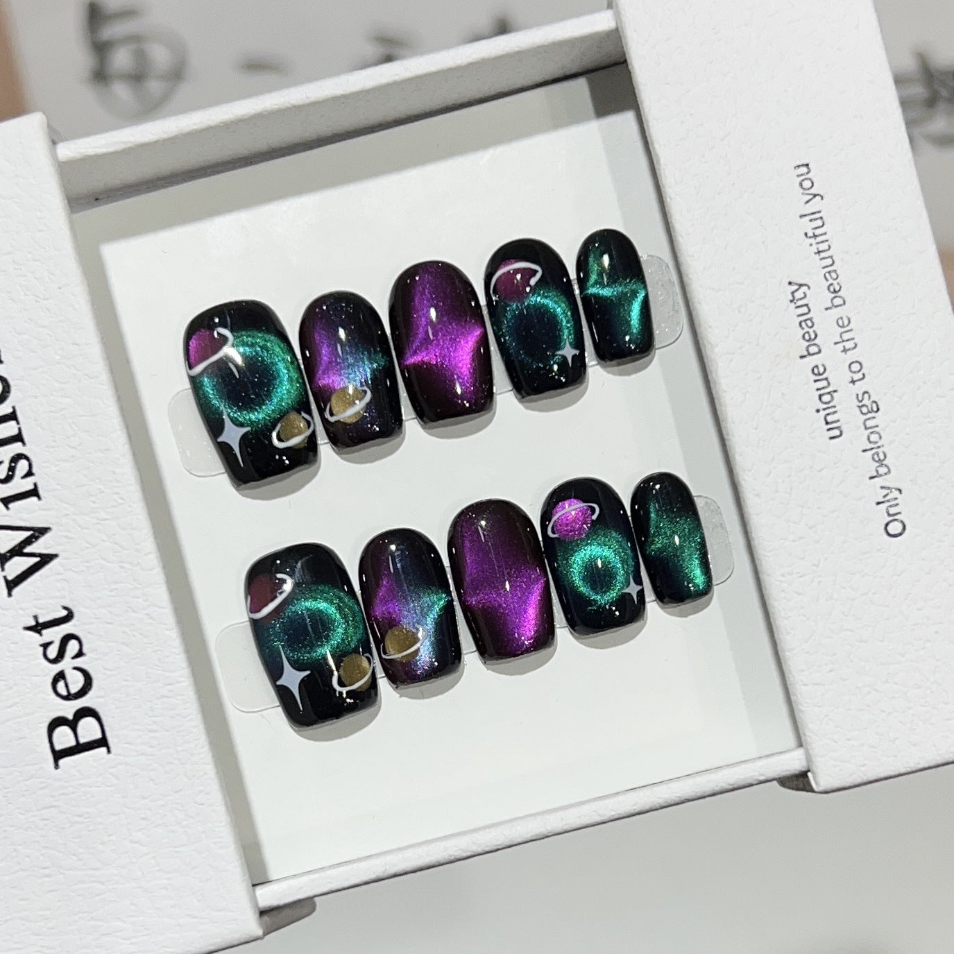 Galaxy Cat Eye Press On Nails – Black Space Nails Saturn Planet Design Hand Painted Cosmic Magnetic Nebula Reusable False Nail Set Y2K 200