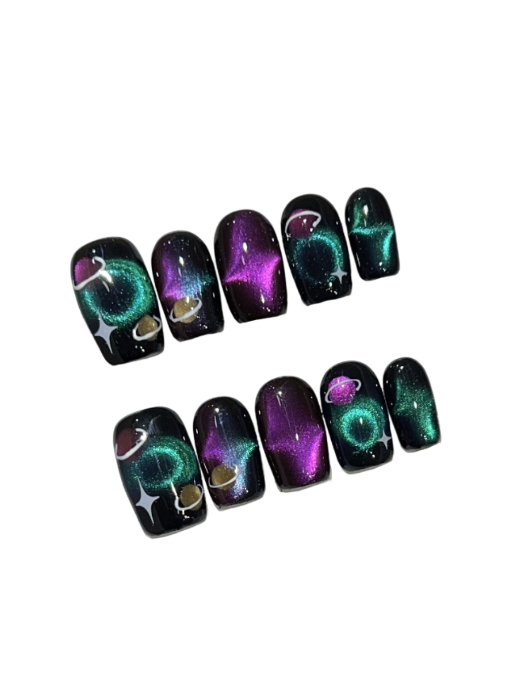 Galaxy Cat Eye Press On Nails – Black Space Nails Saturn Planet Design Hand Painted Cosmic Magnetic Nebula Reusable False Nail Set Y2K 200