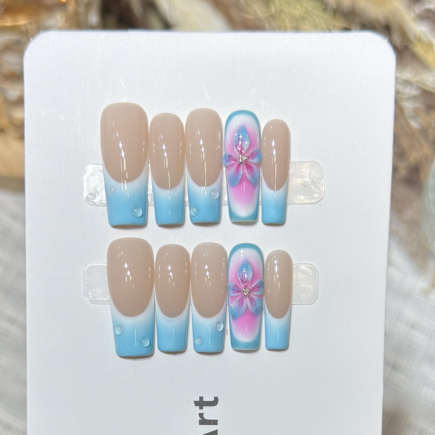 Nude to Blue Ombre Press On Nails Square Shape – Hand Painted Floral Rhinestone Summer French Tip Reusable Nail Set 201