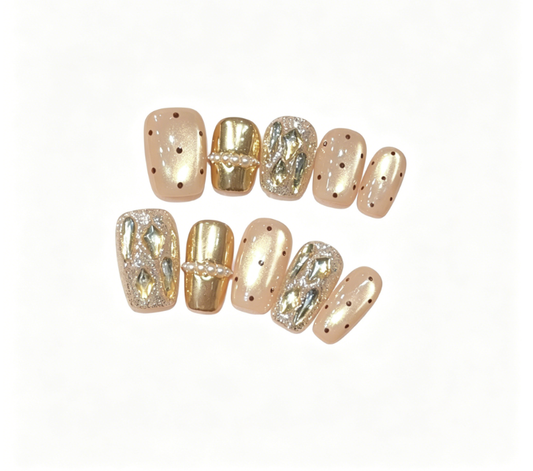 Nude Cat Eye Press On Nails – Short Squoval with Gold Chrome, Rhinestone & Pearl Accents, Glossy Reusable Full Cover 165