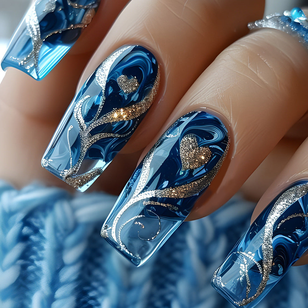 Blue Marble Press On Nails Gold Foil Glitter Tapered Square Glossy Ocean Wave Fake Nails Reusable Glue On Nail Set 57