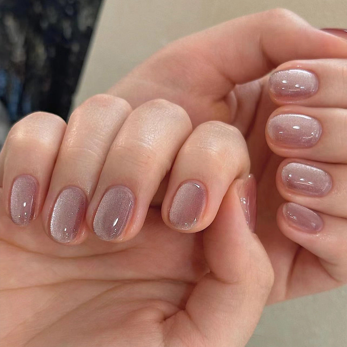 Nude Pink Cat Eye Press On Nails – Short Squoval Minimalist Pearl Shine, Elegant Glossy Sheer Reusable Set 159