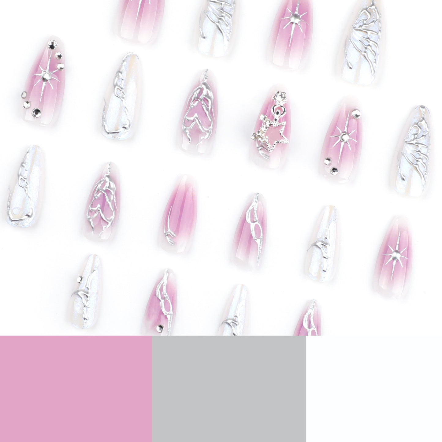 Pink Purple Ombre Press On Nails with Metallic Butterfly 3D Charms Cat Eye Glossy Finish Almond Shape Reusable Full Cover False Nails Kit Rhinestones Pearl Y2K Cute Cool Style 88