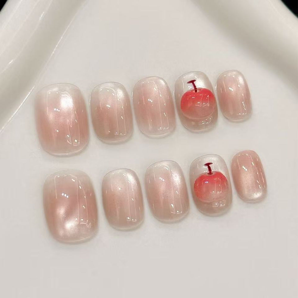 Nude Pink Cat Eye Press On Nails – Short Square Cherry Design Glossy Acrylic Nails 52