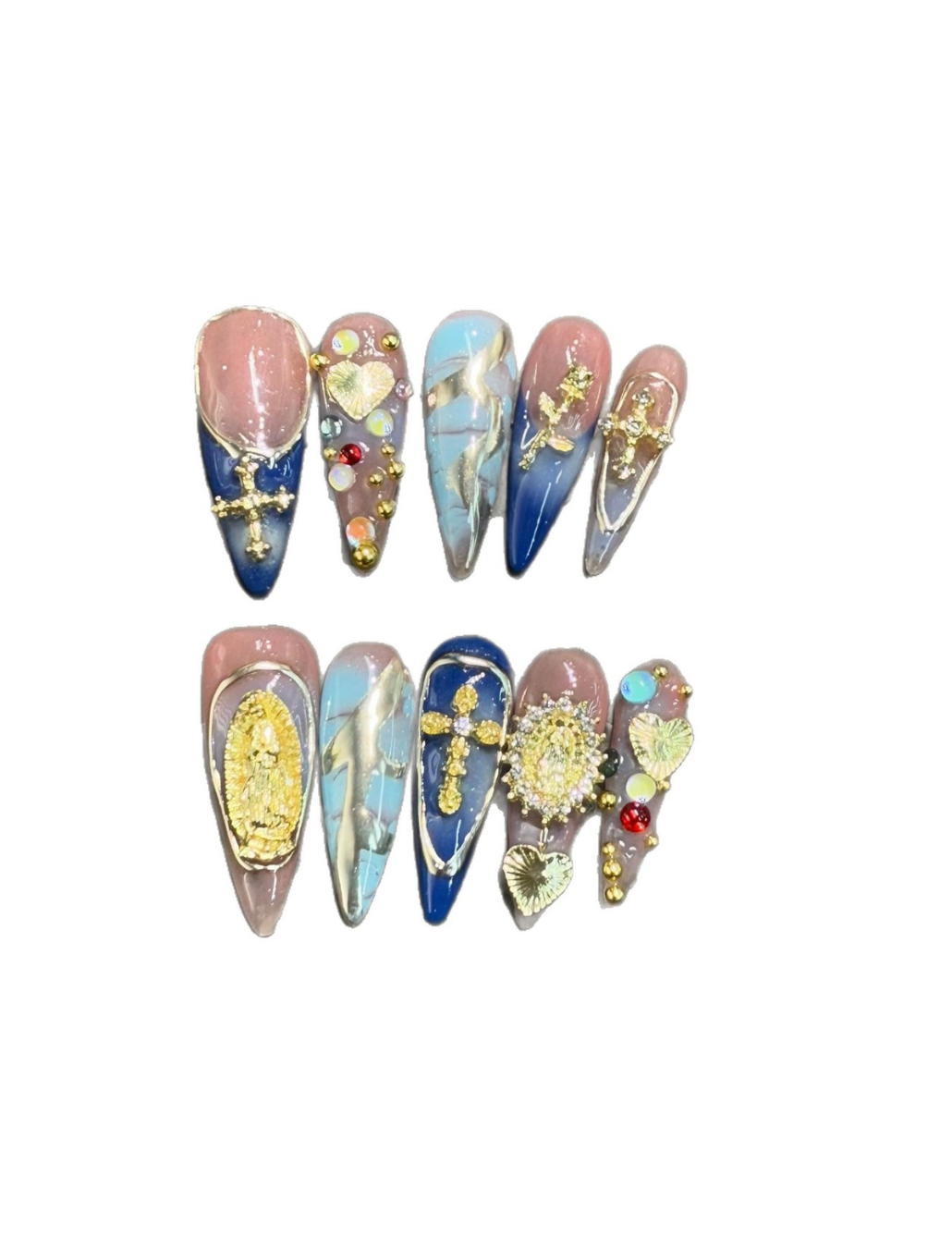 Baroque Inspired Press-On Nails – Blue Pink Marble Stiletto Nails | Gold Cross, Vintage Medallion & Crystal Charms Reusable Nail Set 261