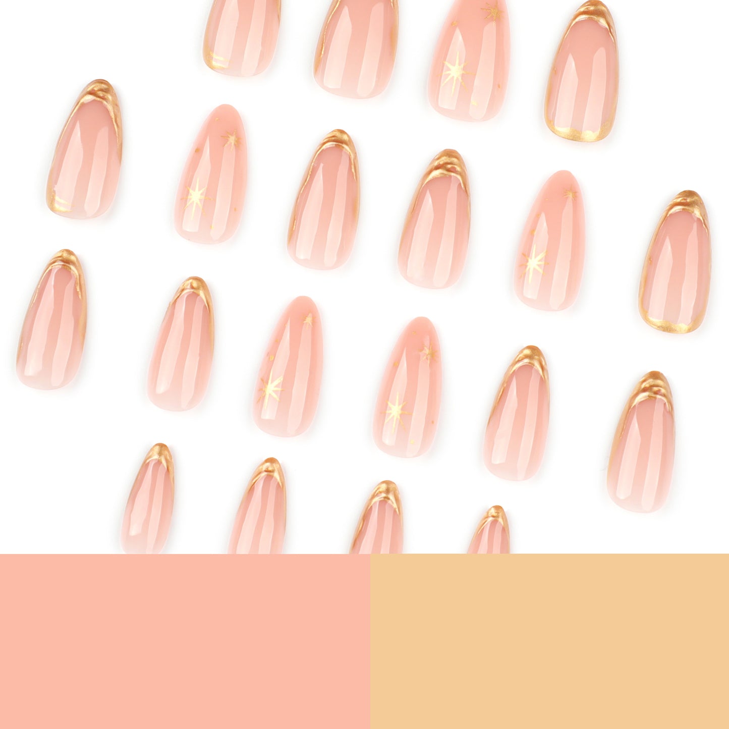 Nude Pink Press-On Nails Almond Gold French Tip Star Design Reusable Glue On Fake Nails Elegant Set 45