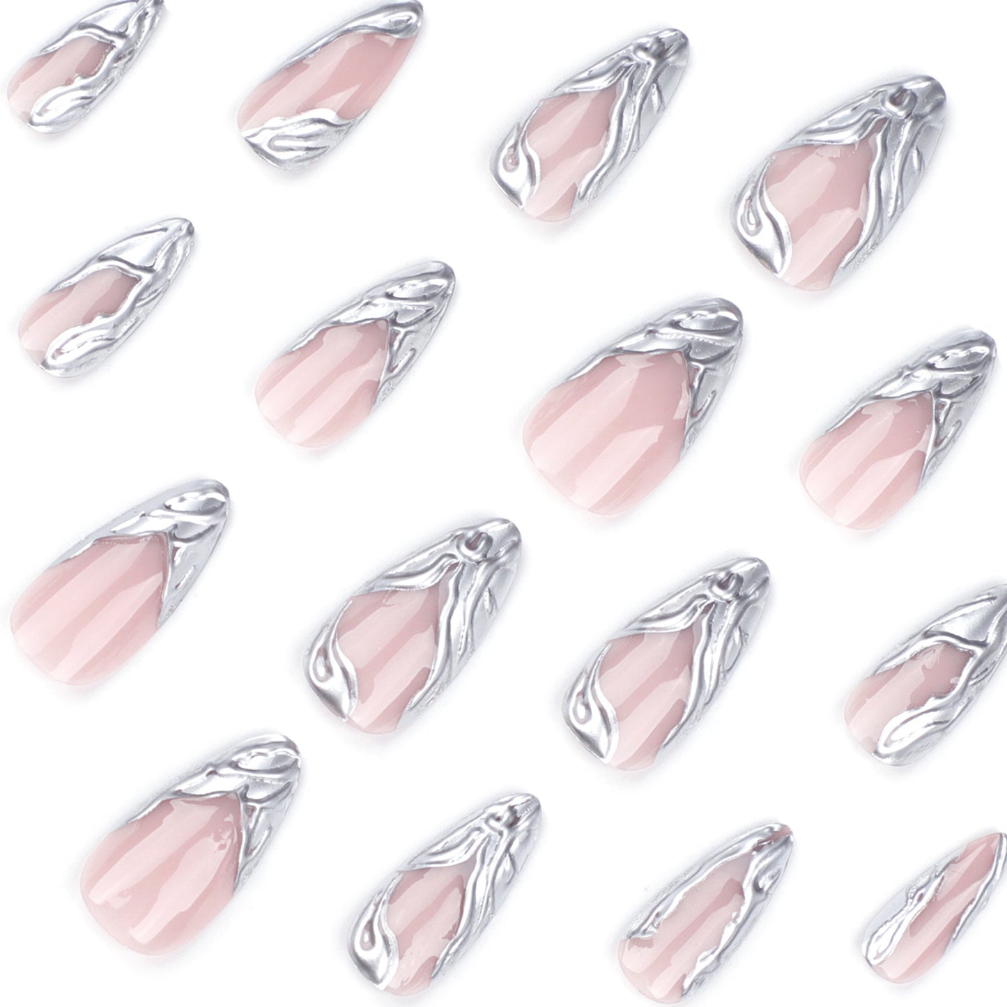 Press On Nails Nude Pink Silver Chrome Molten Metal Nails 3D Sculpted Wave Glossy Fake Nails Y2K Aesthetic Nails Luxury Minimal Reusable Full Cover Stick On Nails for Women Party Daily 85