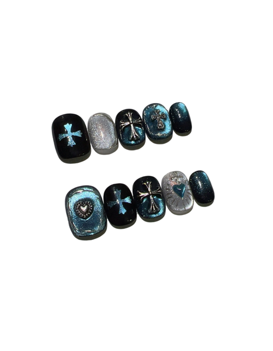 Dark Blue Green Cat Eye Press On Nails Short Oval – 3D Ring Effect Jewelry Nails with Silver Cross & Blue Heart Handmade Reusable Luxury Nail Set 218