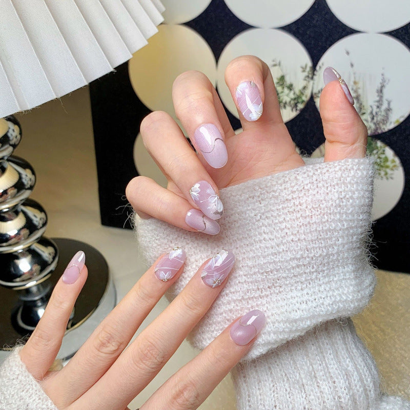 Lavender Cat Eye Press-On Nails – Floral Purple Short Squoval Nails | Gold Line Detail Elegant Reusable Nail Set 268