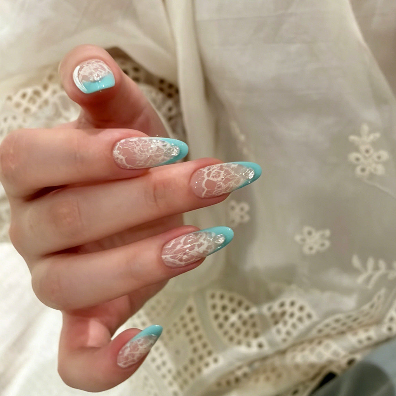 French Lace Press-On Nails – Nude Pink Almond Nails with White Lace Rose & Mint French Tip | Elegant Reusable Nail Set 288