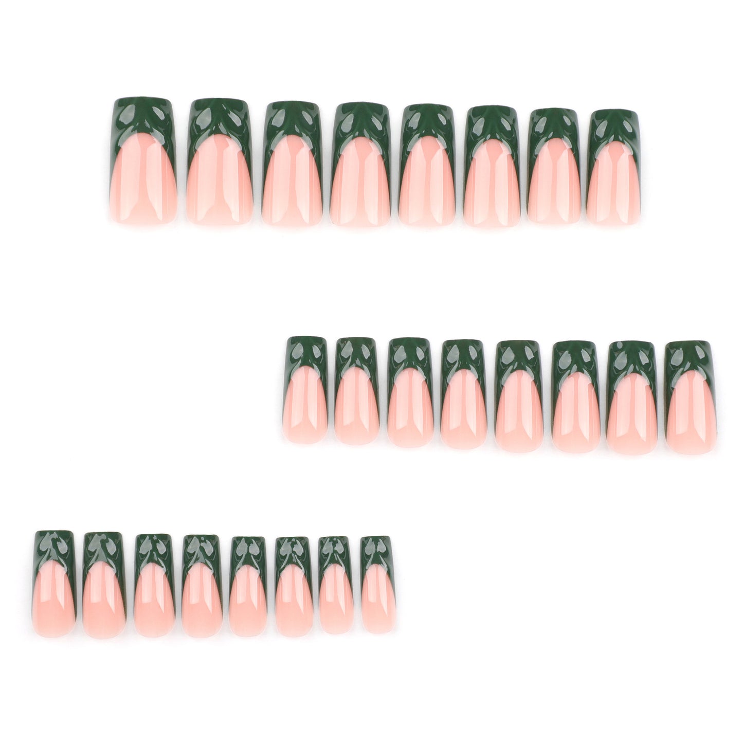 French Tip Press-On Nails Nude Pink Green Almond Long 3D Texture Reusable Glue On Fake Nails Elegant Set 39