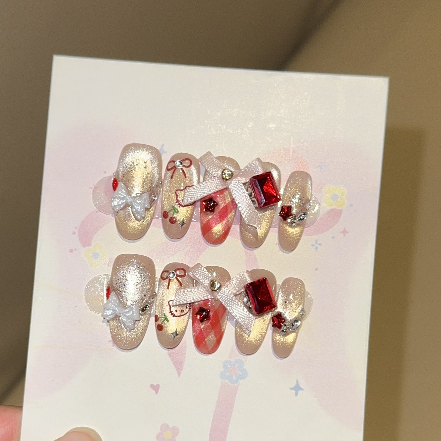 Press On Nails Champagne Gold Cat Eye – Almond Shape Cherry Bow Rhinestone Glossy Acrylic Nails Coquette Style 139