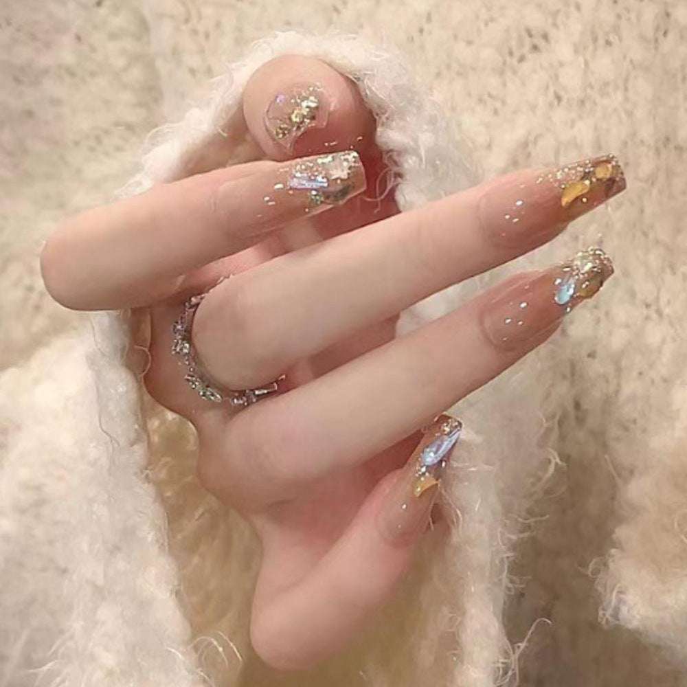 Nude Brown Cat Eye Press On Nails Coffin Shape Glossy Glitter Rhinestone Fake Nails Reusable Glue On Acrylic Nail Set 56