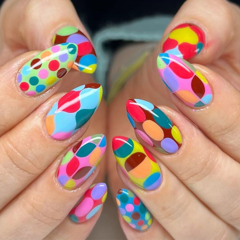 Bright Colors Dot Press-On Nails Almond Shape Reusable Glue On Fake Nails Colorful Summer Set 28